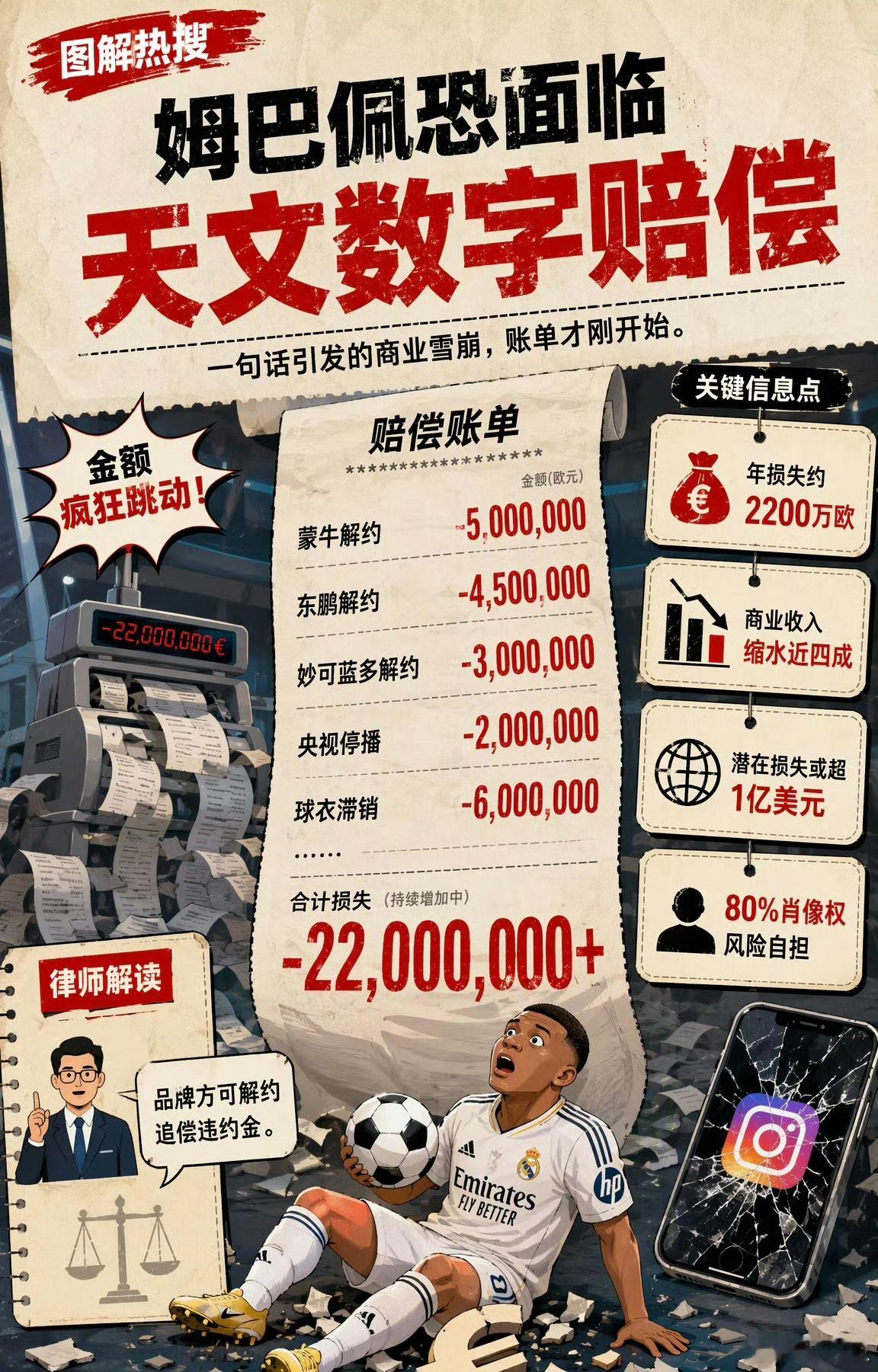 姆巴佩恐面临天文数字赔偿姆巴佩不当言论风波持续发酵，多家国内合作品牌宣布终止合作
