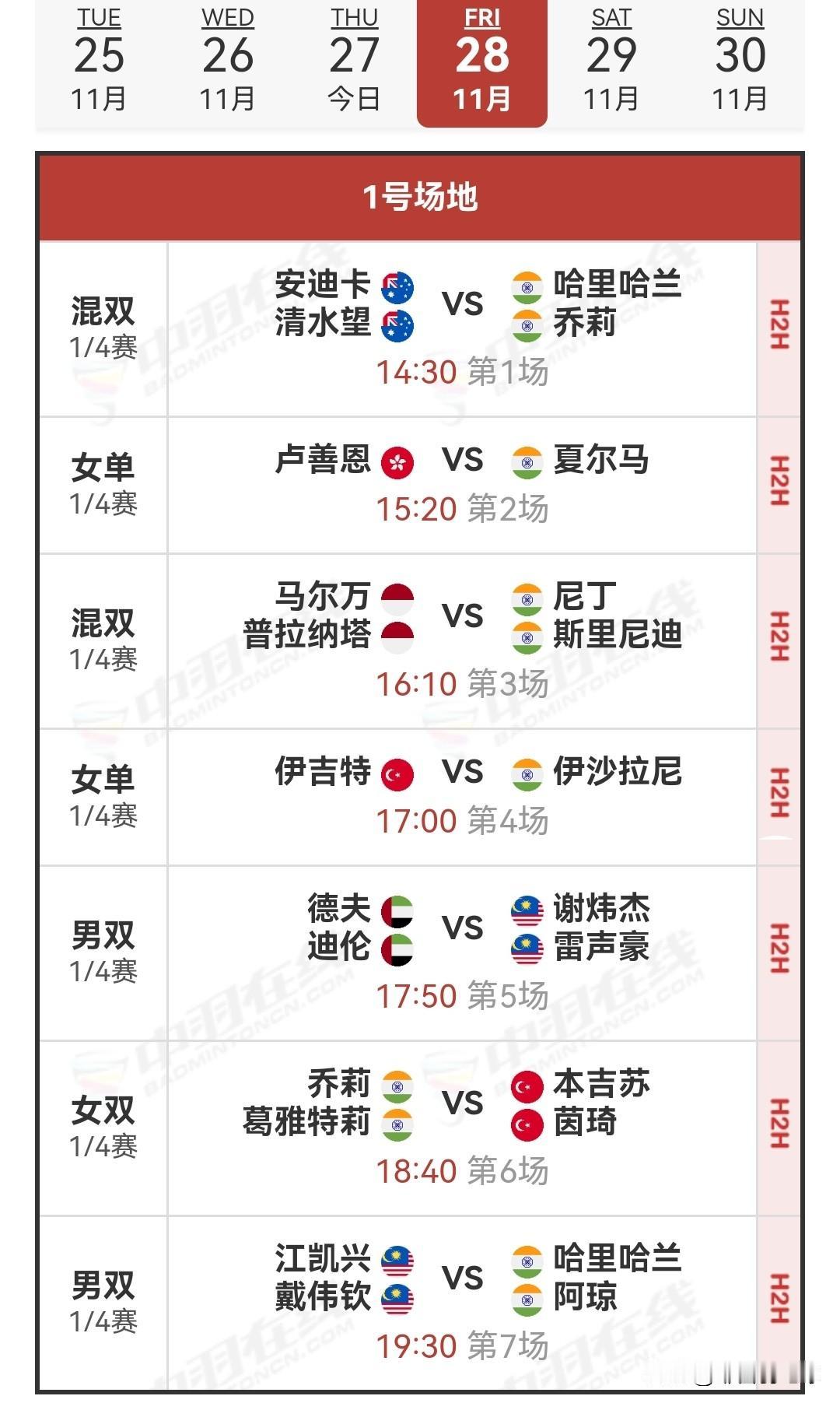 11月28日赛德莫迪羽毛球国际赛1/4决赛安排

今日赛事圆满收官。老将奥原希望
