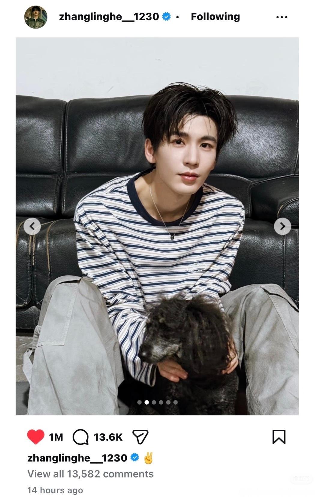 张凌赫Ins十四小时破百万赞，达成内娱男星最快破百万赞记录 