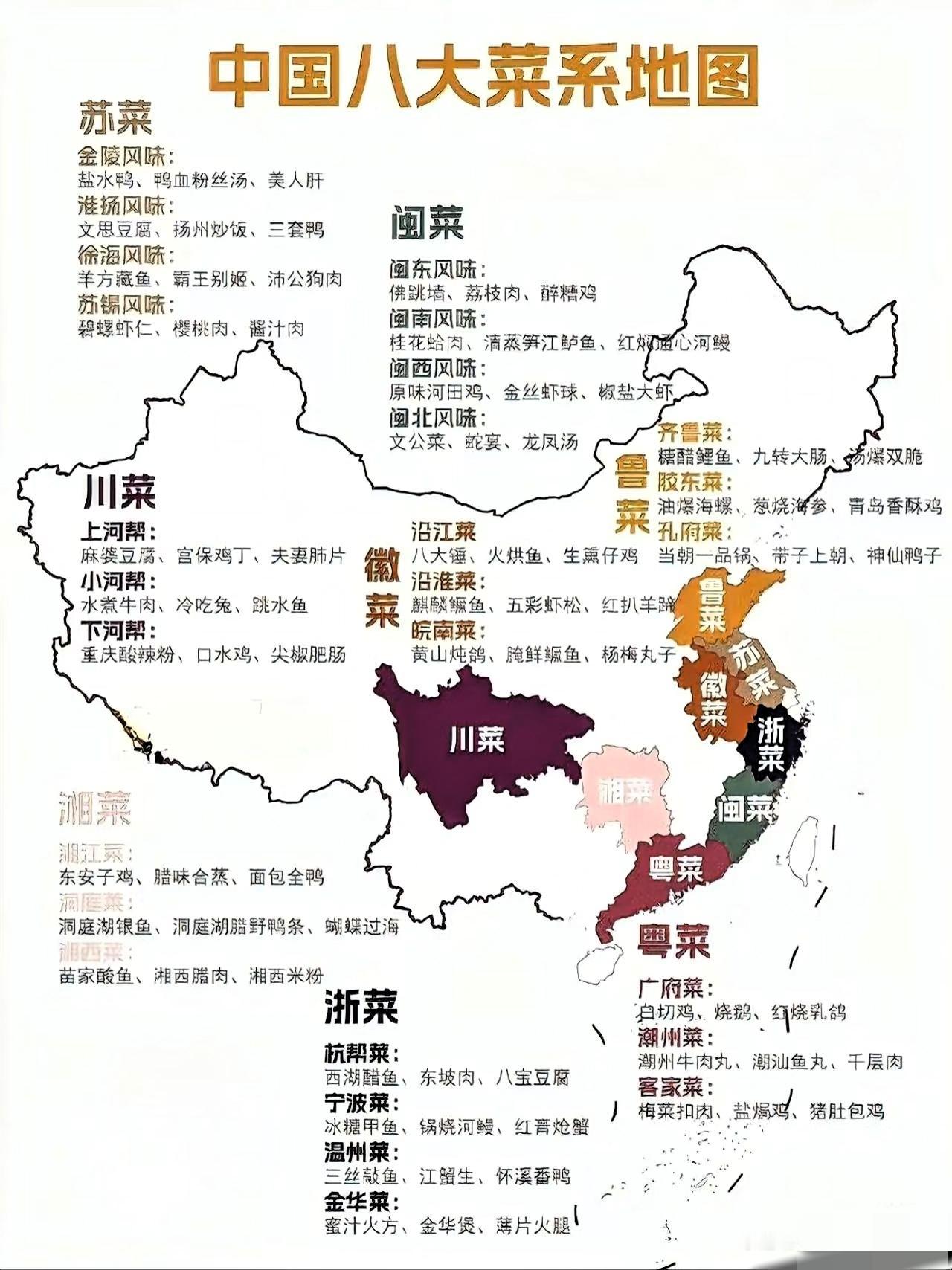 中国八大菜系分布图：

中国八大菜系鲁、川、粤、苏、闽、浙、湘、徽
	
1. 鲁