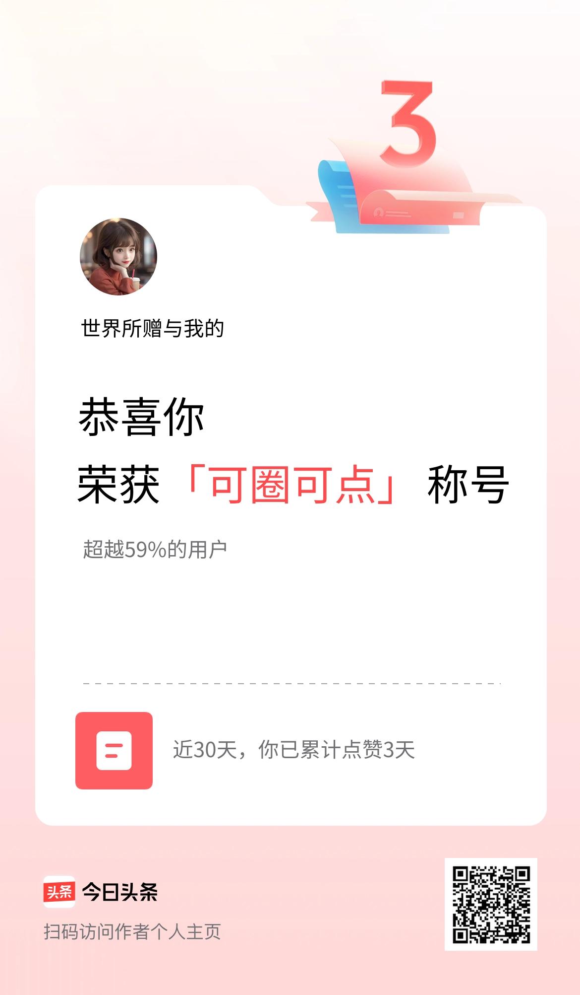 我在头条30天内点赞打卡3天，获得“可圈可点”称号