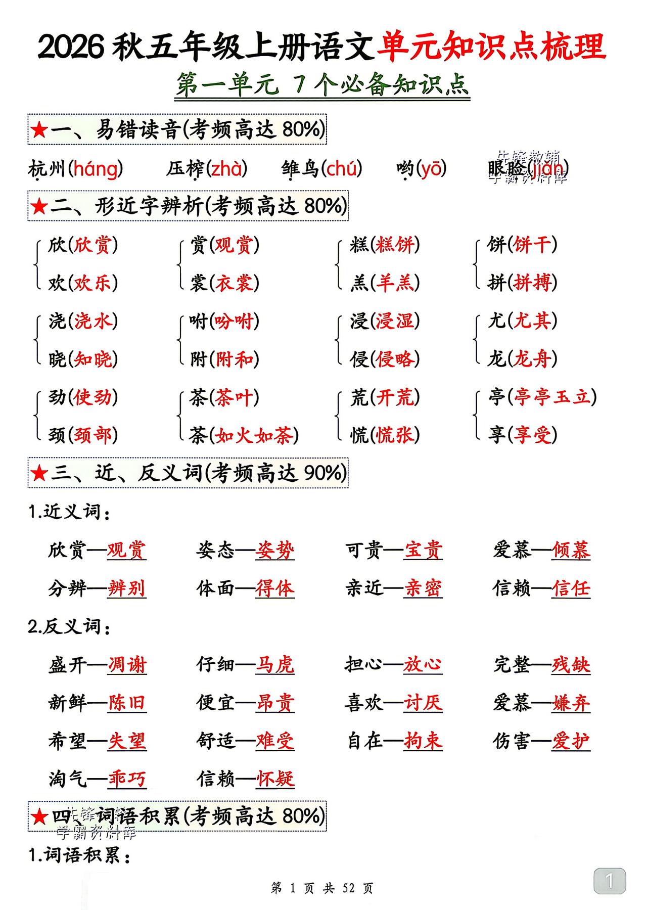 五年级上册语文，第一单元知识点梳理，收藏练习巩固知识~