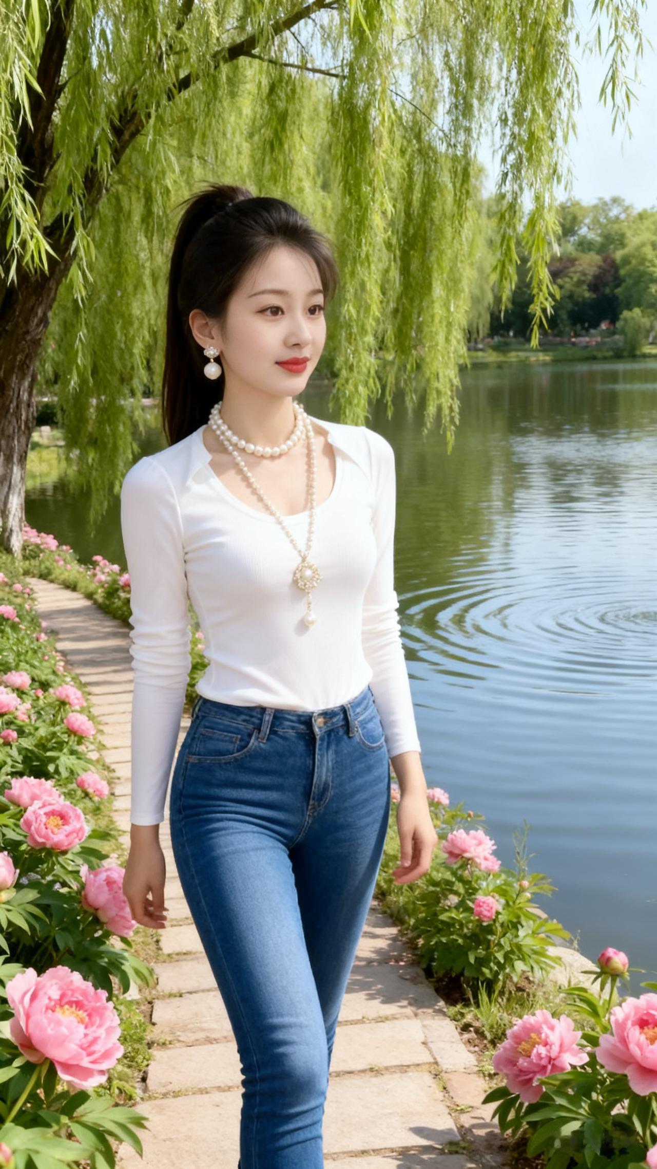 20岁都市女孩着白色紧身春秋衫、蓝色紧身牛仔裤，长发凌乱飞扬，冷白皮衬精致妆容，