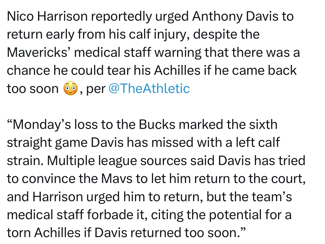 The Athletic报道，尼克-哈里森曾敦促安东尼·戴维斯提前从小腿伤势中复