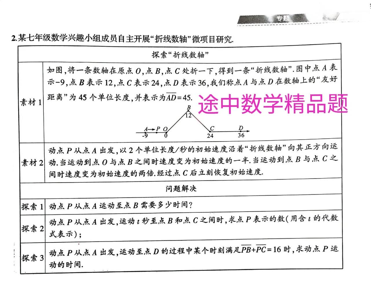 途虫数学精品题分享，初一数学压轴题当中的难度题，折线竖着问题。难点就在于计算每一