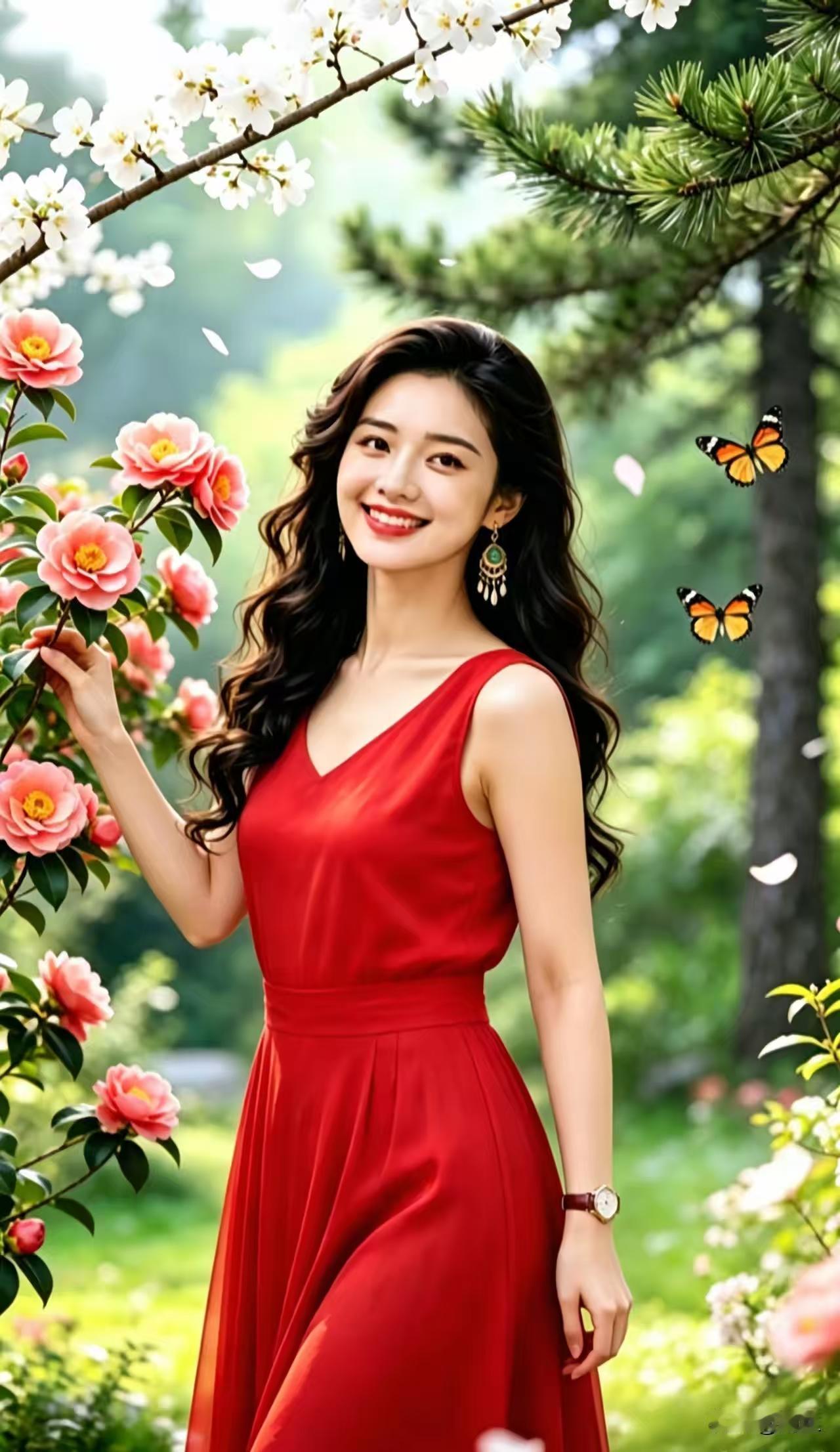 塞鸿秋·花境
红裙似火春风软，
金纹轻缀蝶姿浅。
玉簪摇韵香风漫，
纤姿映景芳华