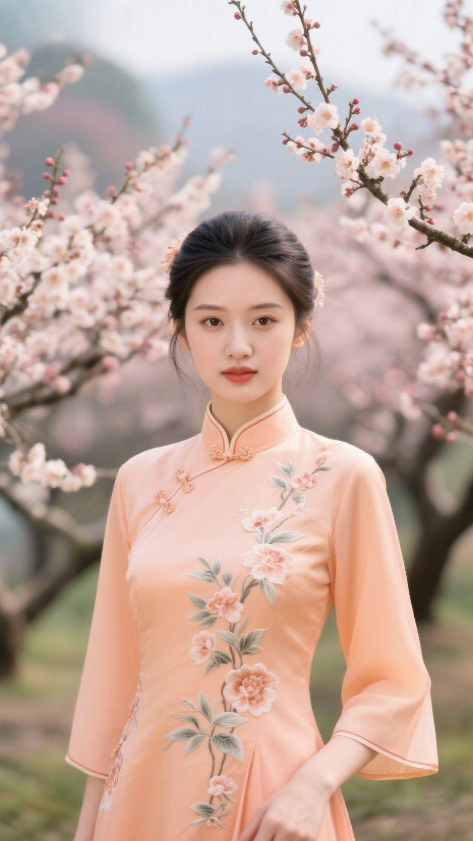 梅香绕清衫
 
春风轻软，枝桠间的梅蕊微微颤动，浅粉花瓣落在浅橘色旗袍肩头，晕开