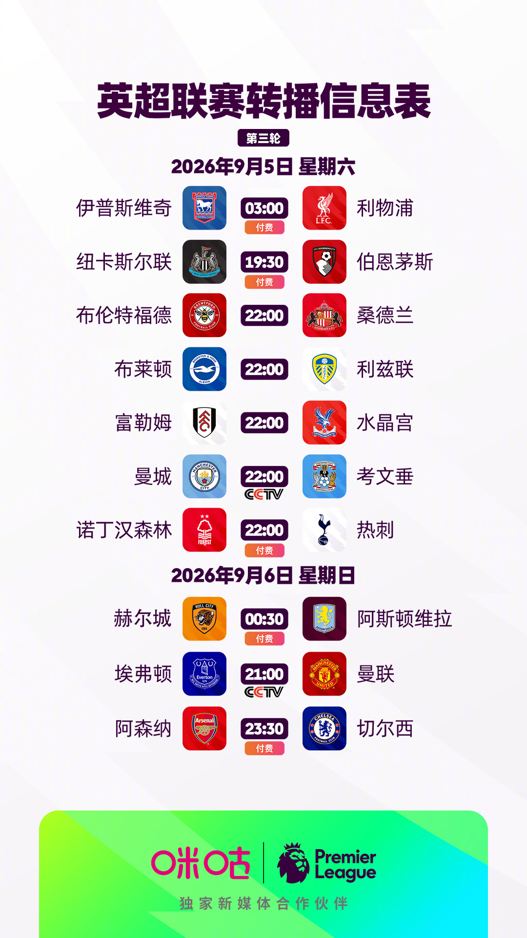 2026/27赛季英超第3轮转播信息焦点战：v 看英超上咪咕👉上咪咕视频，央视