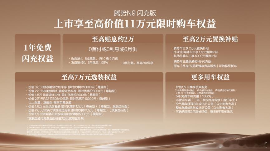 腾势N9闪充版正式上市，官方指导价40.98万元—46.98万元。作为腾势第50