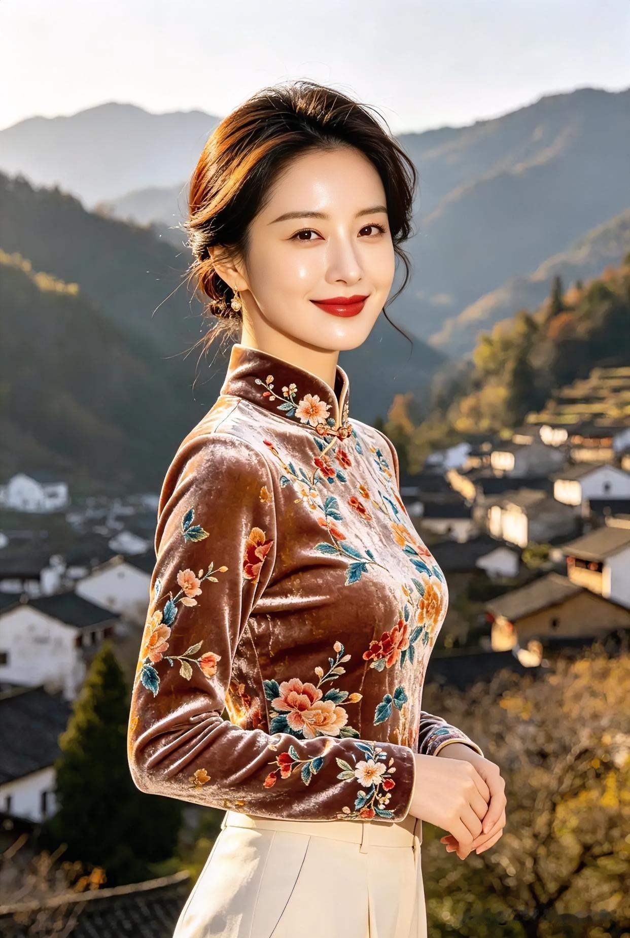 【现代散文诗】

远山如黛，古村静谧。丝绒绣花，温婉立秋风。浅笑回眸，红唇点染，
