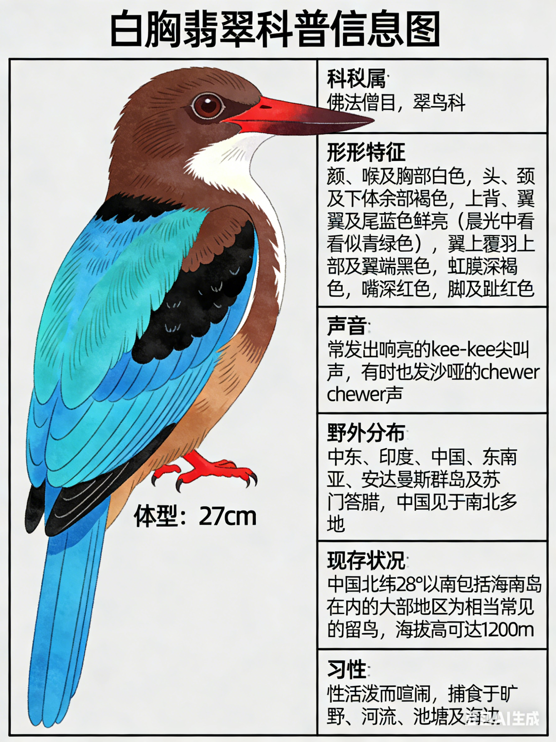 鸟类朋友图鉴 白胸翡翠·科属：佛法僧目，翠鸟科。·外形特征：体型略大（27cm）