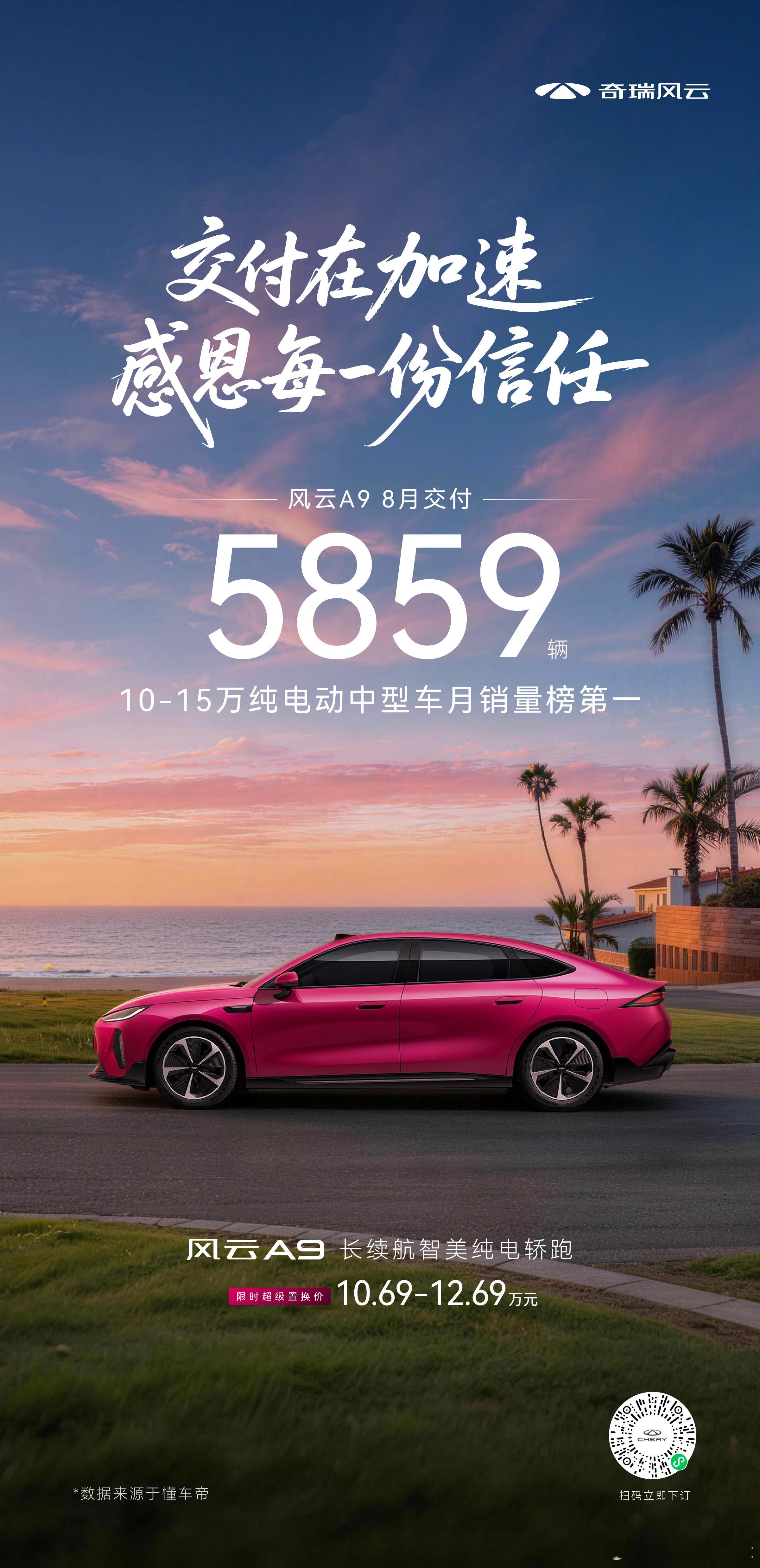 风云A9斩获15万级纯电中型车销冠10万级纯电中型车新王登基！风云A9单月狂卖5