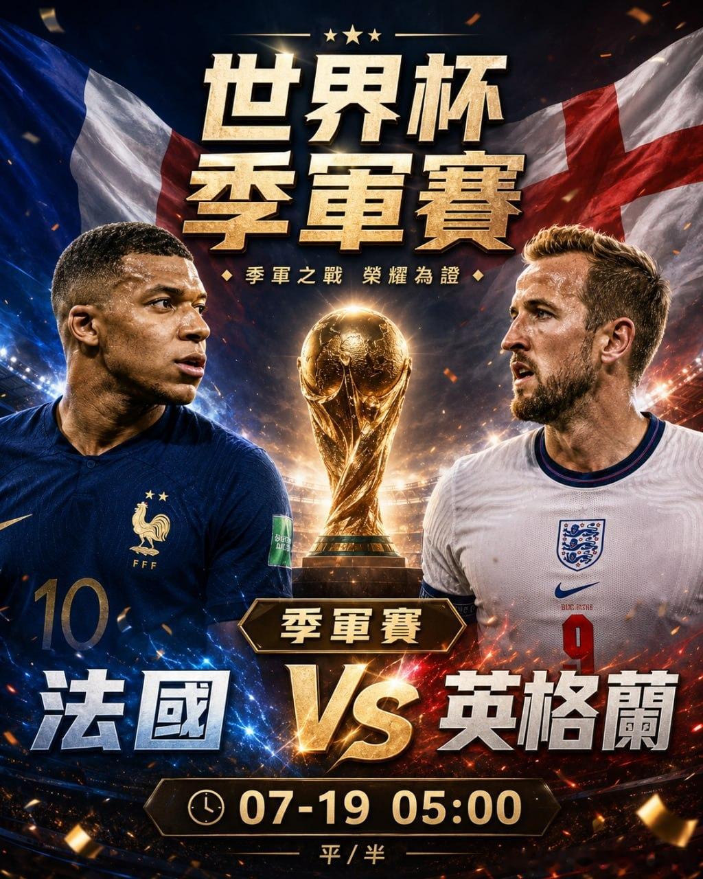 世界杯季军赛，法国迎战英格兰。07-19 05:00法国 VS 英格兰一边是速度