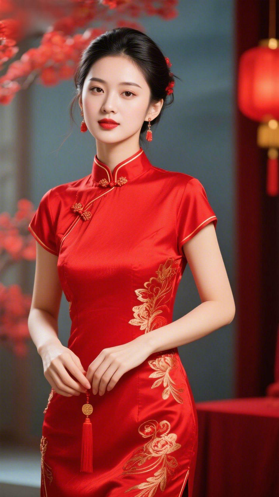 红袍缀金章
 
红绸旗袍裹着鎏金绣纹，像揉碎的晚霞撞进满堂红，金穗轻垂，盘扣朱红