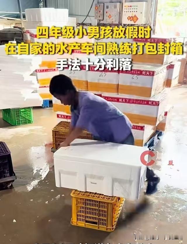 山东乳山，一个小学四年级的男孩放假了没去玩，跑到自家水产车间帮忙打包牡蛎。

视