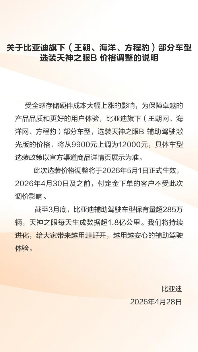 比亚迪部分车型即将涨价有想选装天神之眼B的抓紧下单，5月1日就要涨价了！1200