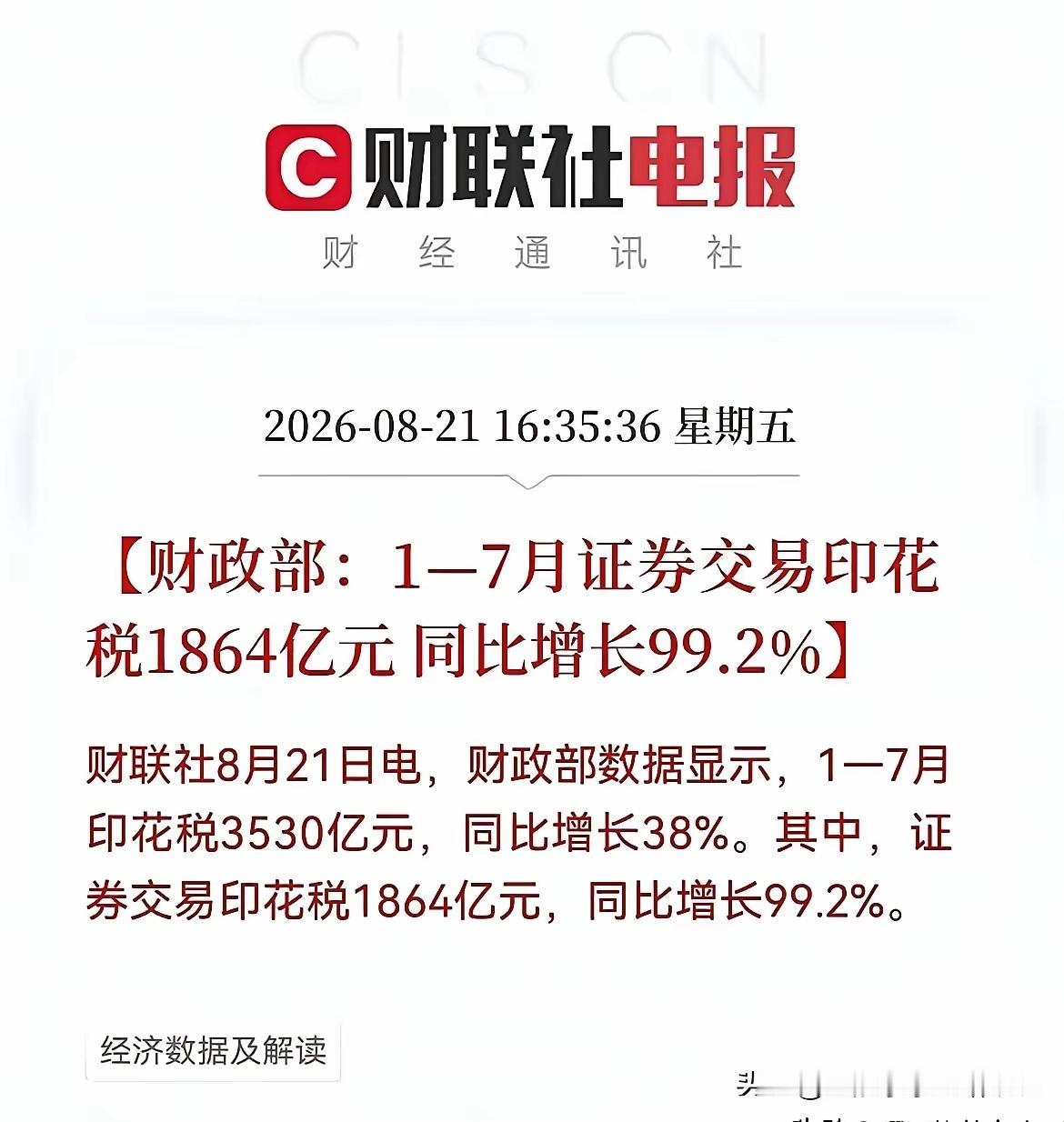 证券交易印花税减半已经实施三年了，刚刚看到最新数据，今年上半年证券交易印花税翻倍