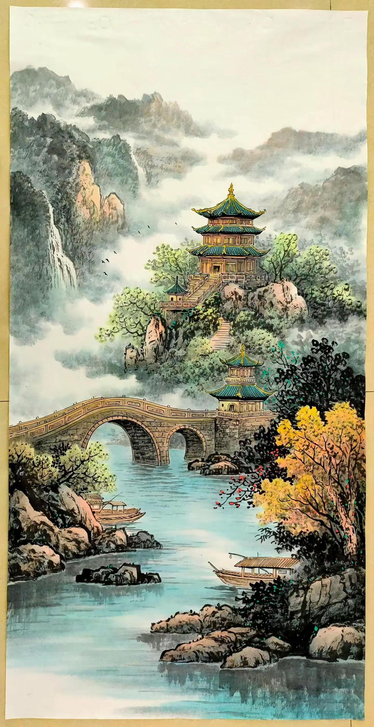 碧水琼楼。手绘国画青绿山水画 创作者中心 创作灵感 意境山水画