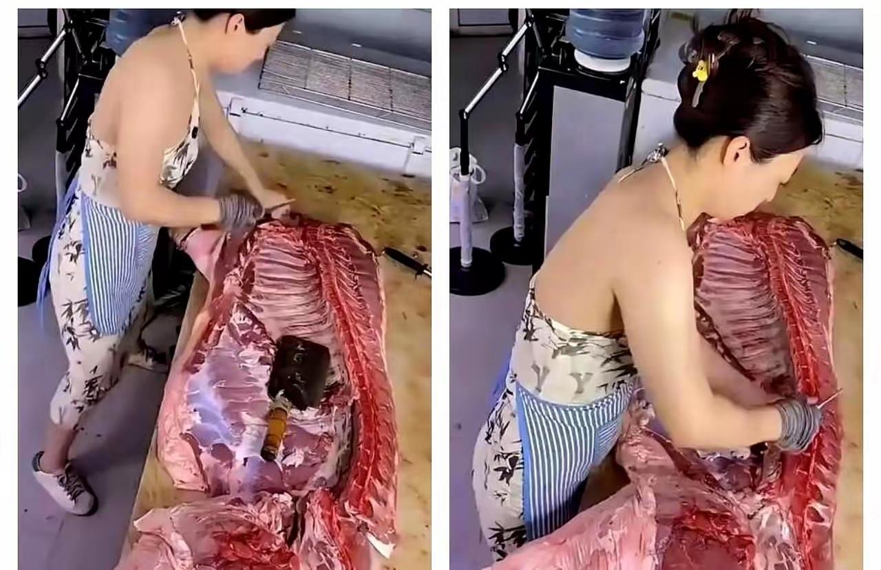 谁规定卖猪肉的姑娘，夏天就得裹得严严实实？
她热得汗珠子直砸地，穿个背心凉快干活