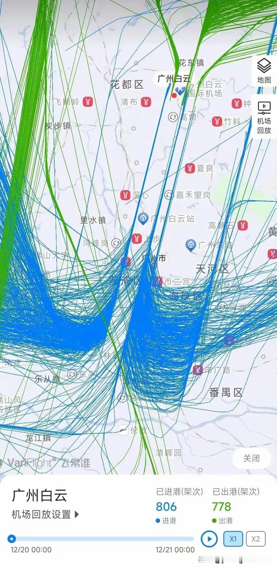 下图中的这张飞机航班航路图，能够看出每天有大量的广州进港航班都需要在广州城区的上