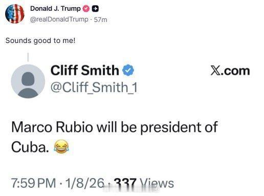 据媒体报道，日前特朗普在谈到美国国务卿卢比奥将成为古巴总统一事时说道：“在我看来