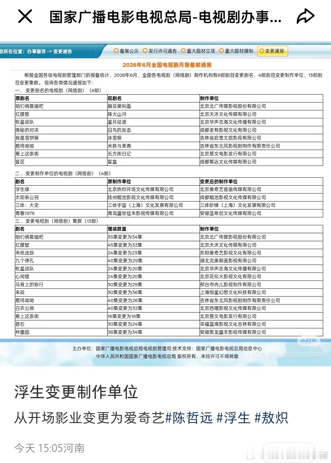 陈哲远王楚然浮生变更制作单位，变成爱奇艺自制 