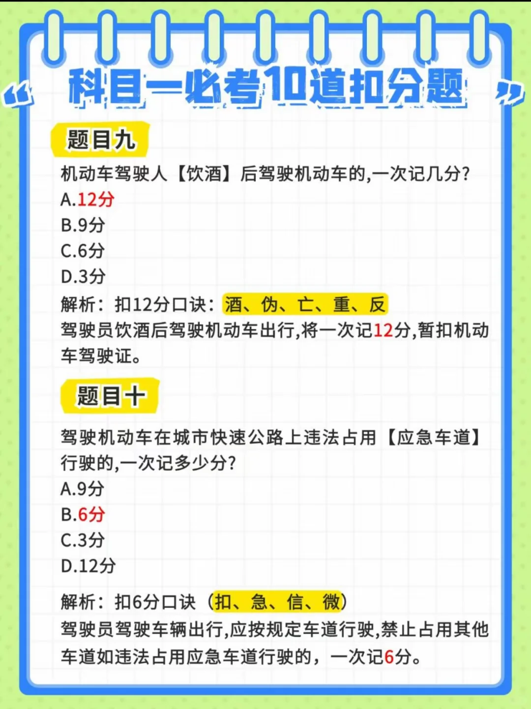 科目一必考扣分题