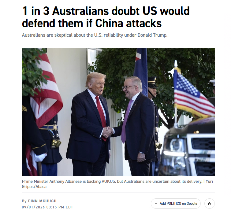 新数据显示，澳大利亚是印美日澳小太约里“最亲华”的国家（相对）。一项由美国研究中