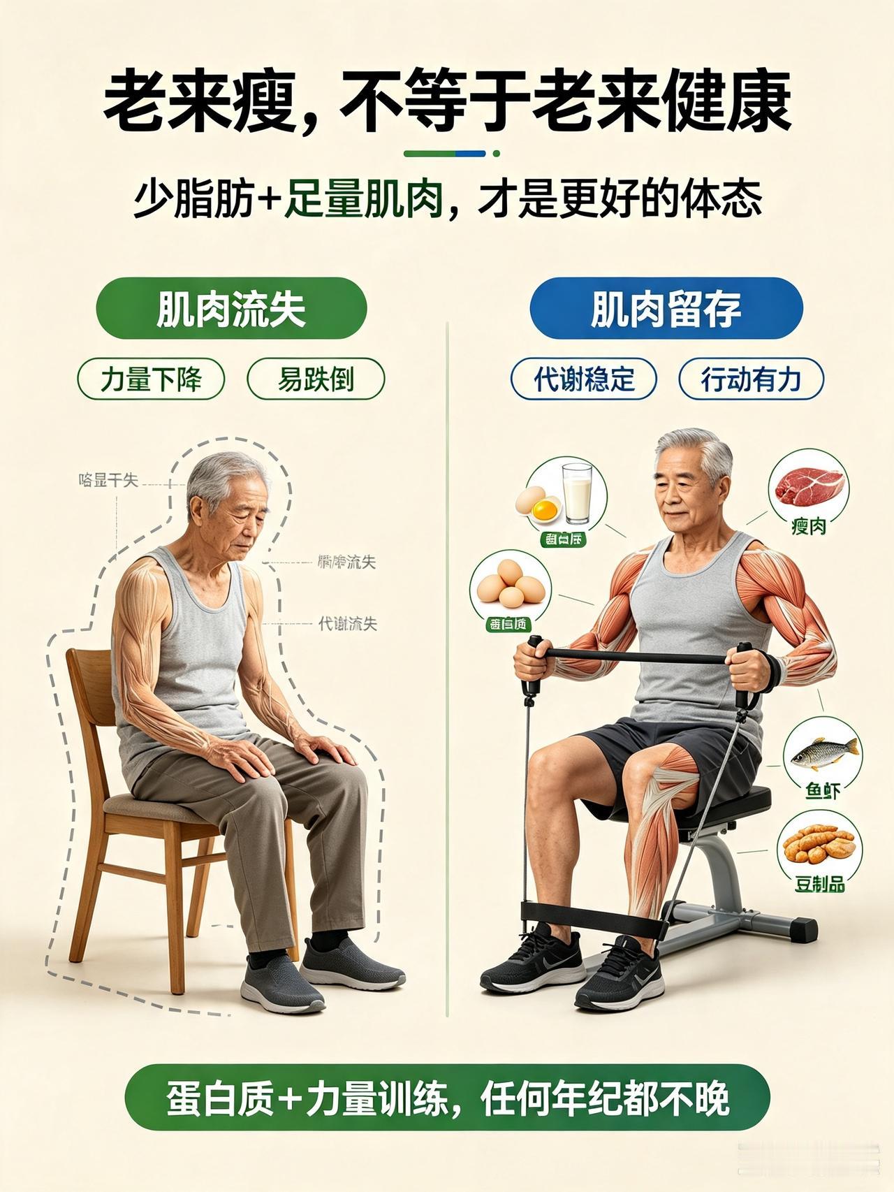 别再迷信“有钱难买老来瘦”！
真正健康的老年体态，是少脂肪、足量肌肉，干瘪瘦弱毫