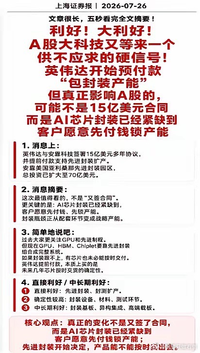 利好！大利好！A股大科技又等来一个供不应求的硬信号！英伟达开始提前付款“包封装产