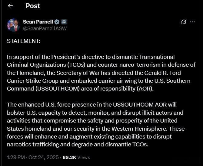 美国战争部将杰拉尔德·R·福特号航空母舰群(CVN-78)调往美国南方司令部控制