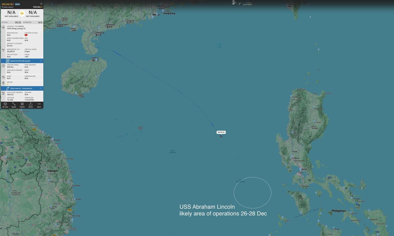 12月29号，一架翼龙10无人机前往黄岩岛附近空域。

目前美国海军林肯号(CV