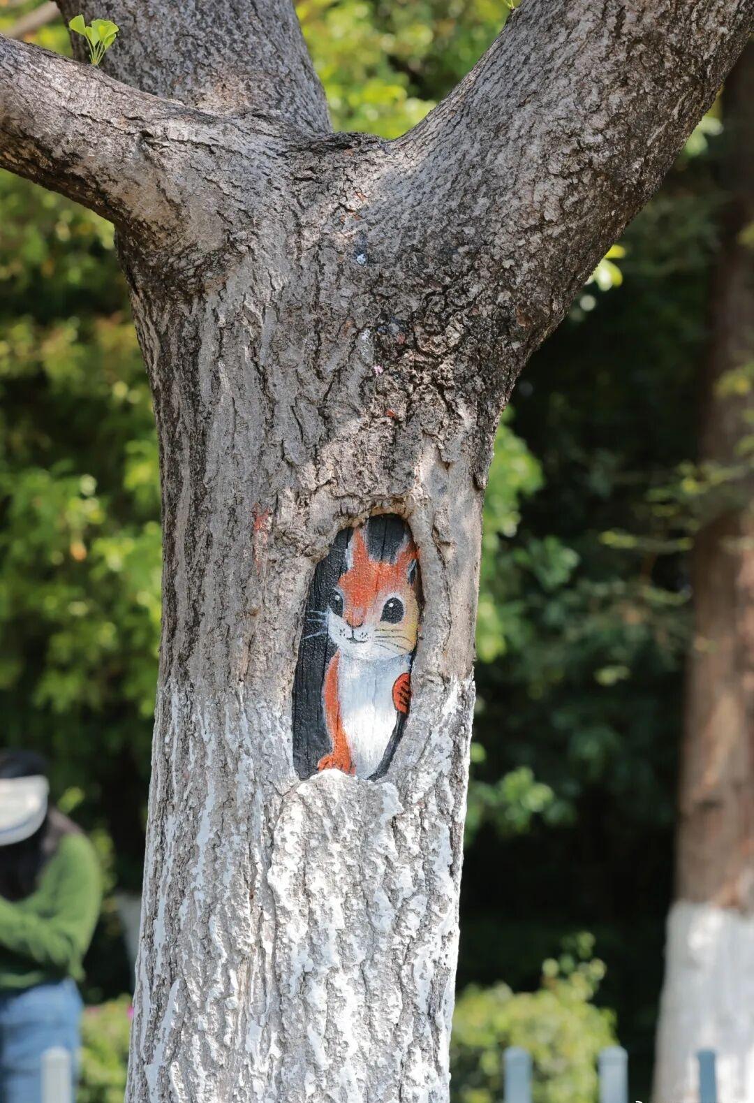 【树洞藏画添萌趣 呈贡街头巧绘城市小美好】近日，漫步在呈贡区祥和街、彩云路、洛龙