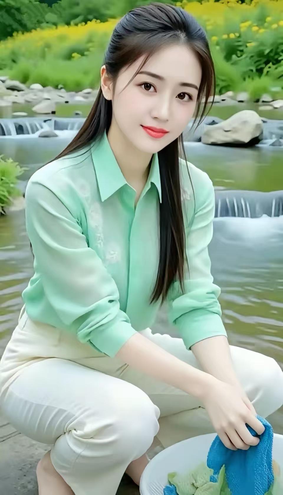 天净沙·溪畔浣纱
垂柳清溪碧光，
佳人溪畔浣裳，
鬓发随风轻荡。
笑含山黛，
眸