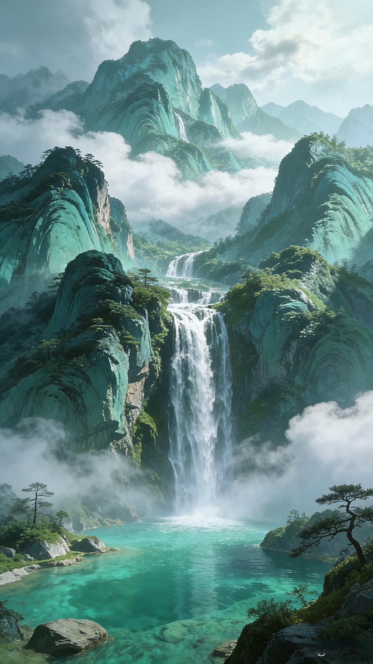 今早我看到此图手痒出了个上联，谁来对个下联？

上联：青山叠翠，飞瀑流泉，一轴水