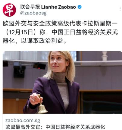 欧盟贼喊捉贼？所谓“经济武器化”纯属倒打一耙
外媒12月16日晚报道，欧盟外交与