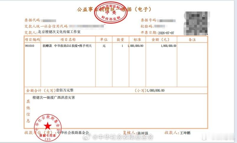 檀健次捐赠100万元驰援广西广西连日暴雨引发汛情，檀健次第一时间捐助一百万，为前