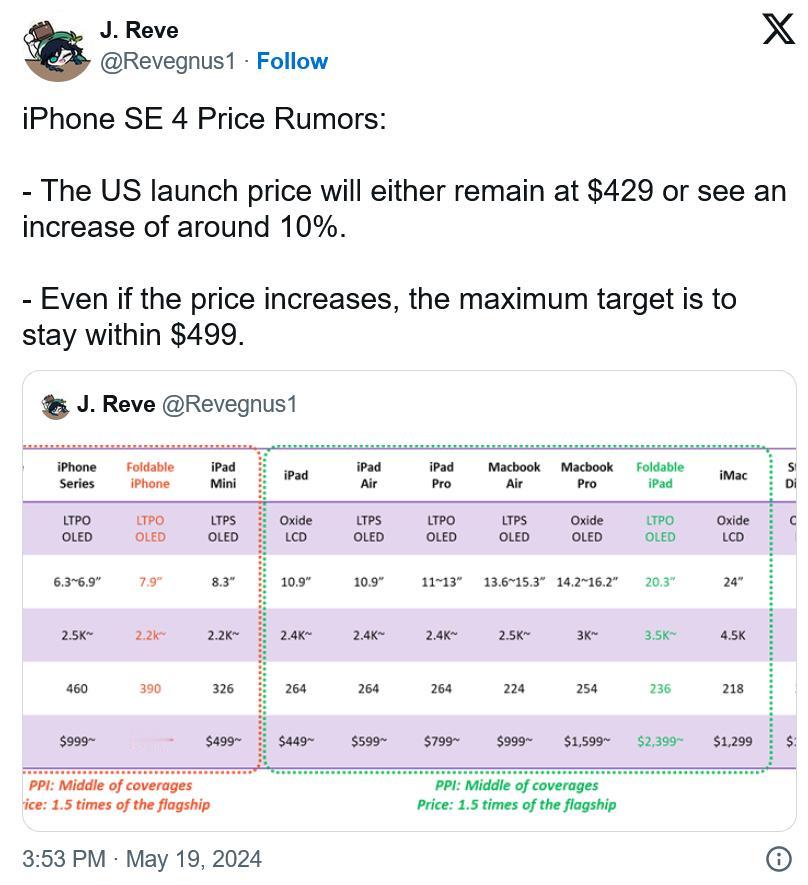 【iPhone SE4售价曝光】据外媒最新报道称，苹果将要提高iPhone SE