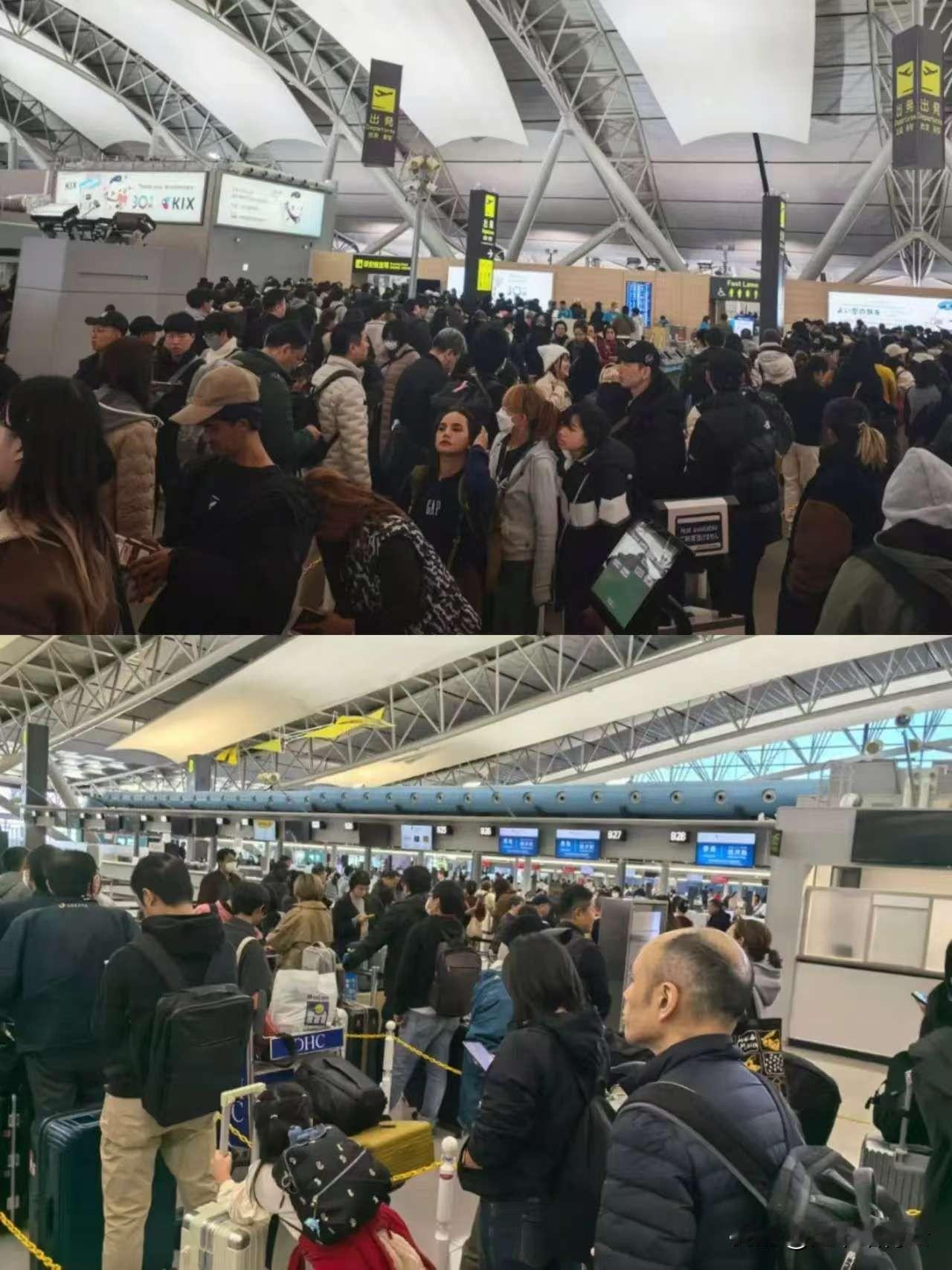 这下好了，
之前非要去日本的那批人，
现在想回来就难上加难了，日本关西机场人山人