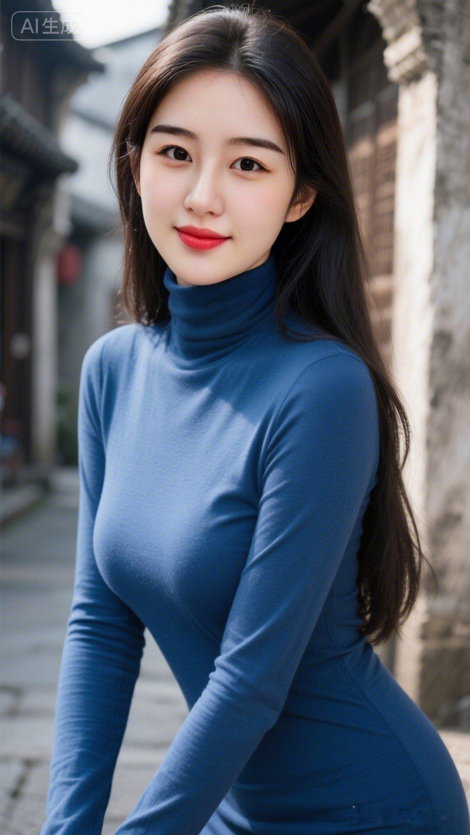 高清日常快照，近景写实抓拍。冷白皮瓜子脸美女，柔顺长发，藏蓝修身高领衫，羞怯温婉