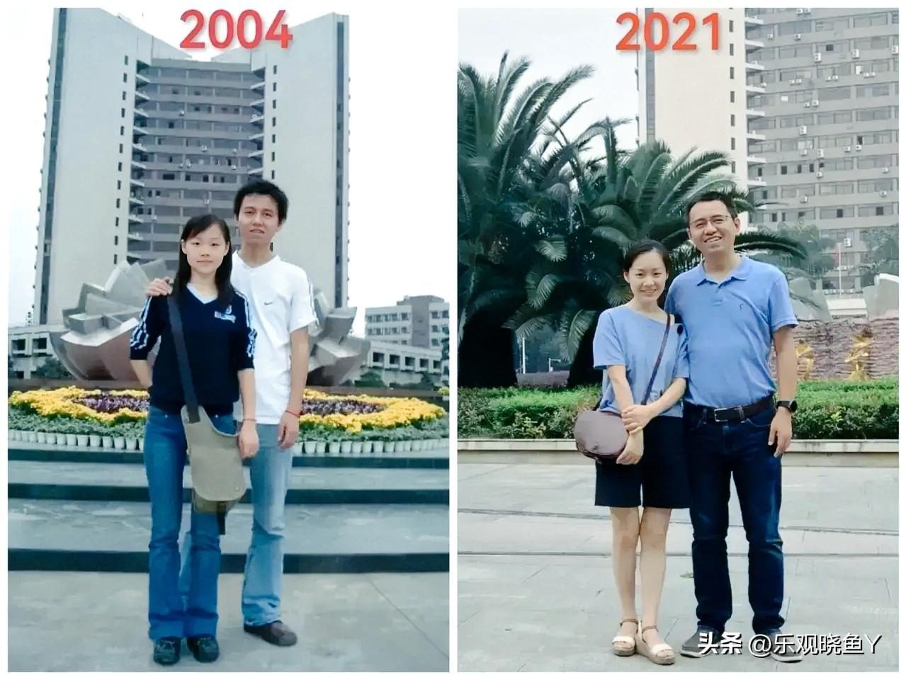 这是同一对夫妻相隔十七年前后站在同一地点拍摄的合影对比，当看完后真的令人惊叹不已