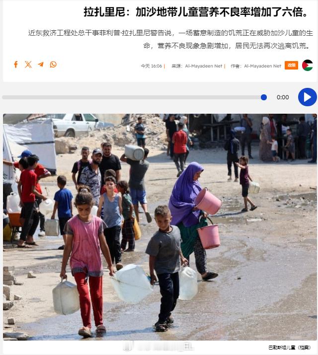 联合国近东救济工程处总干事菲利普·拉扎里尼证实，巴勒斯坦加沙地区的儿童营养不良率