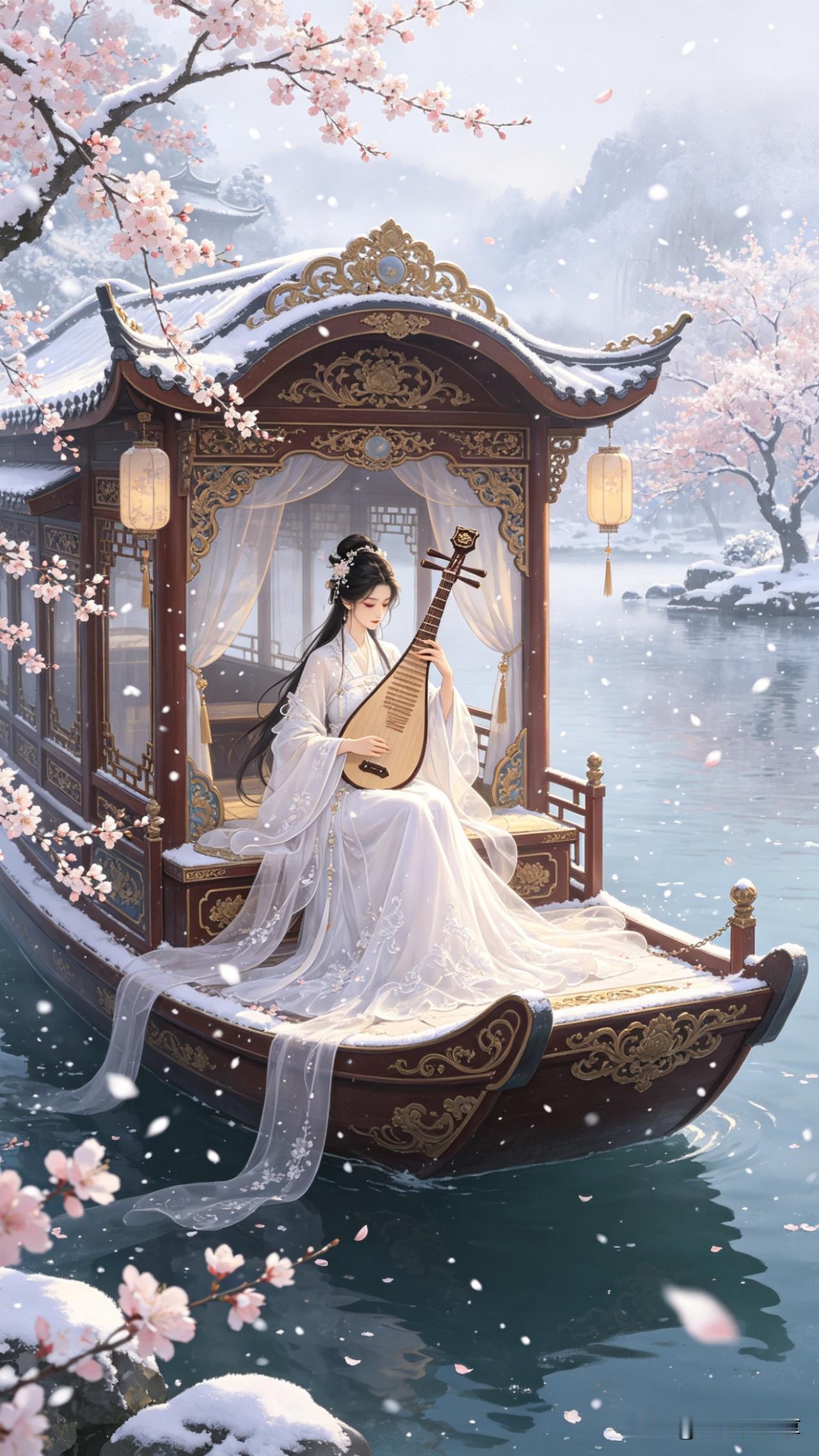 《鹧鸪天·雪舟琵琶》
画舫雕栏覆素尘，寒江独坐抚丝纶。
琼英乱落沾云袖，玉指轻弹