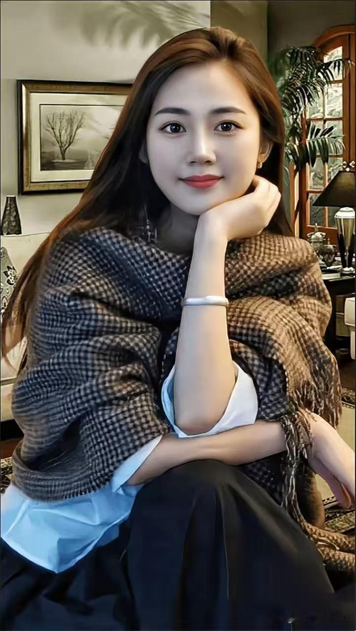 破阵子·静室清妍
 
暖室闲披格纹，玉腕轻承笑靥。
长发垂肩含软语，素衫衬得目光