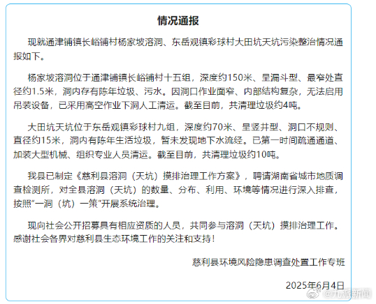 #张家界天坑溶洞已清理14吨垃圾#【#张家界通报溶洞和天坑污染整治情况#】6月4