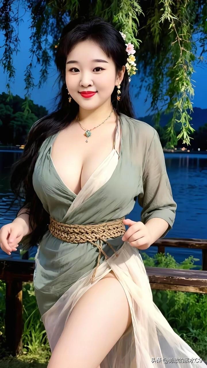 夏日湖畔，似一幅绝美画卷。绿裙女子如灵动仙子，穿梭于湖光山色间。
湖面波光粼粼，