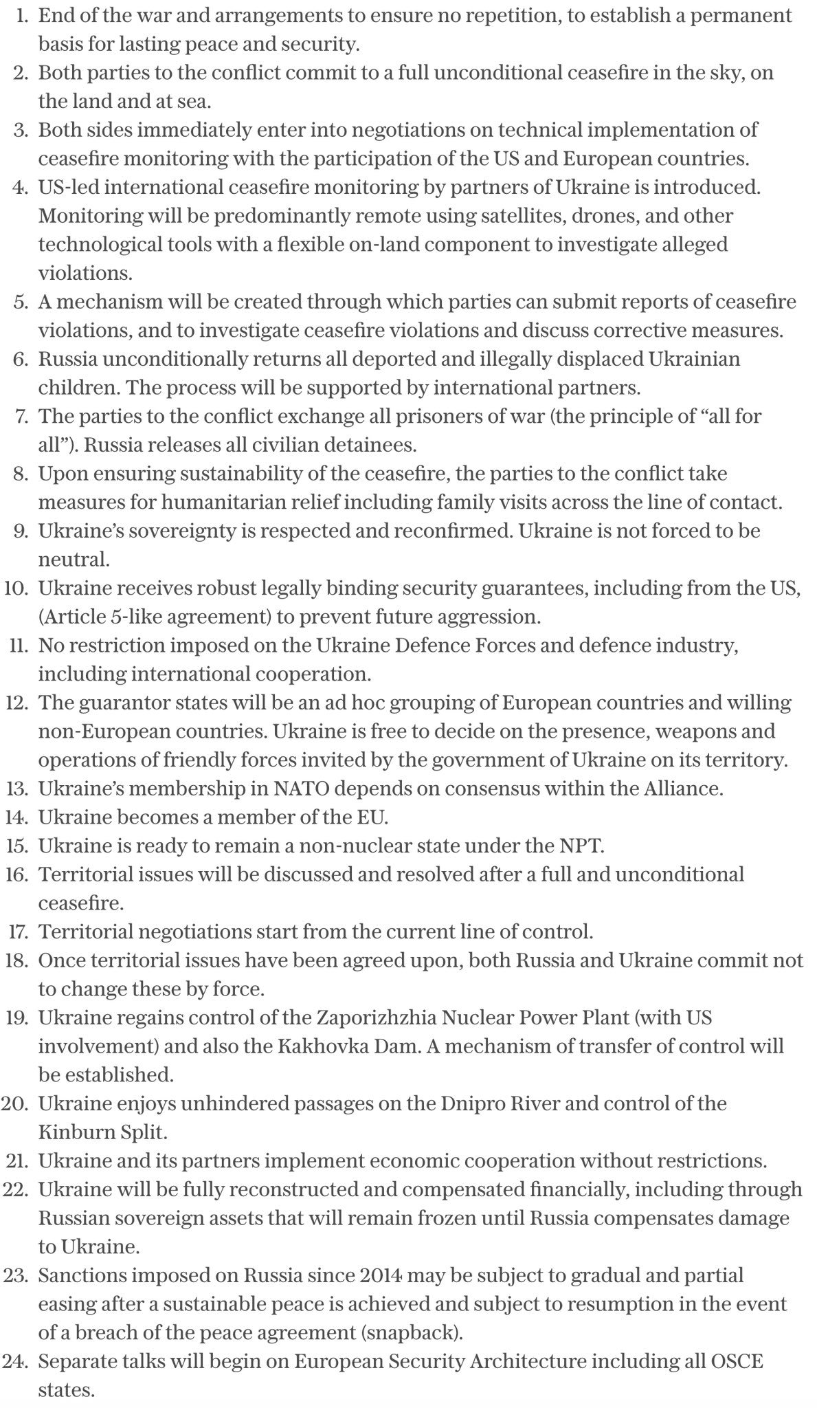 欧洲提出24点方案回应美国的28点计划1.结束战争并作出安排，确保不会重演，以建