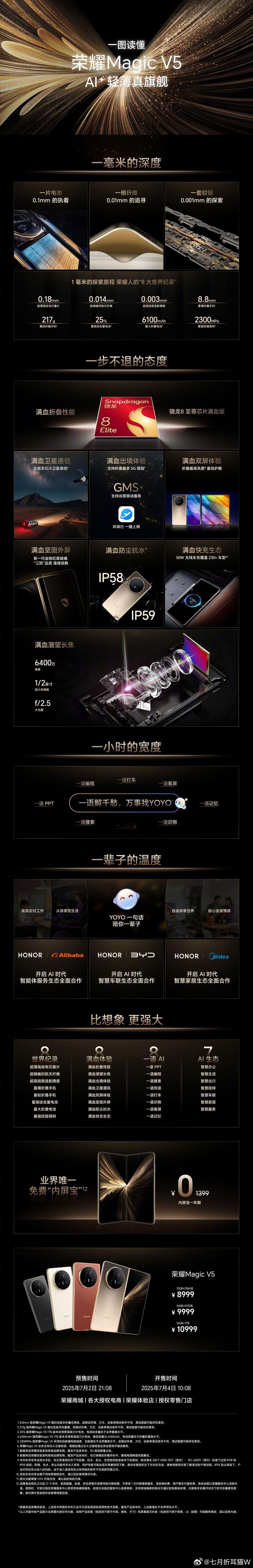 荣耀Magic V5今天发布了，8999起[打call] ​​​