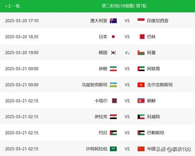 重头戏：3月20日世预赛亚洲区第三阶段18强赛C组第7轮比赛全面鸣哨！3月21日