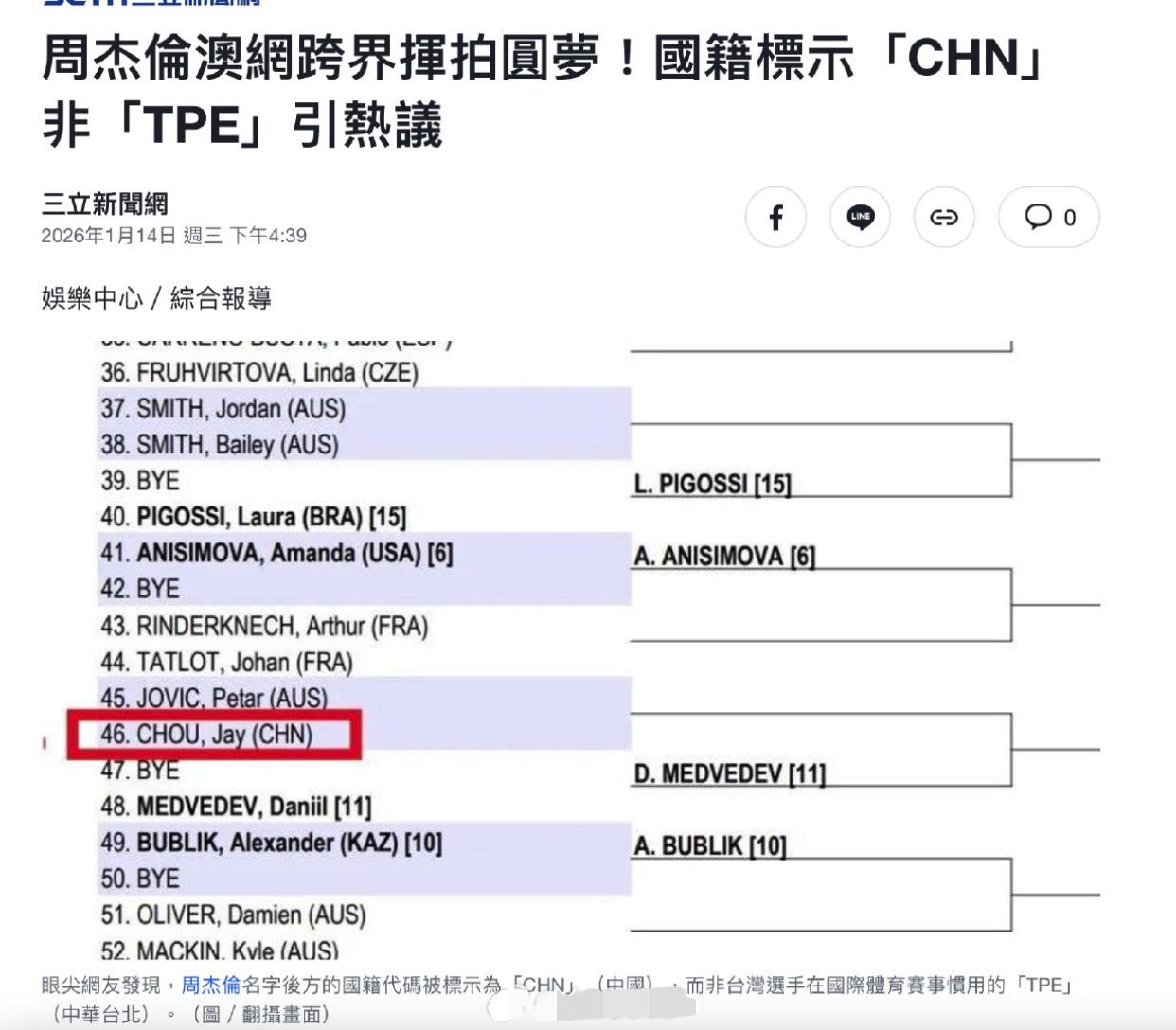 台媒报道称，周杰伦受邀参加2025澳大利亚网球公开赛，用的是“CHN”中国的身份